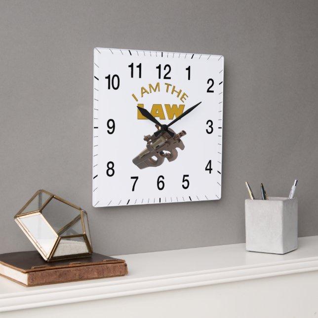 Relógio Quadrado Sou a lei com uma metralhadora m4a1 (Escritório)