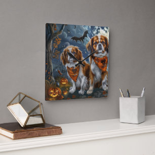 Relógio Quadrado Spaniel Tibetano Halloween Assustador
