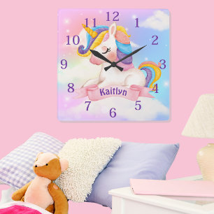 Relógio Quadrado Sparkle de Nuvens Unicorn de Nome Personalizado