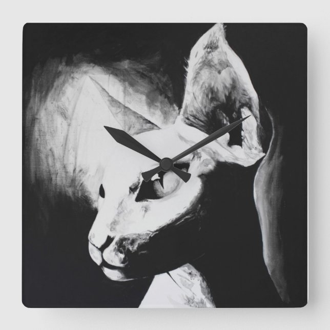Relógio Quadrado Sphynx Cat Black White Contraste Arte Gatinho Sem  (Frente)