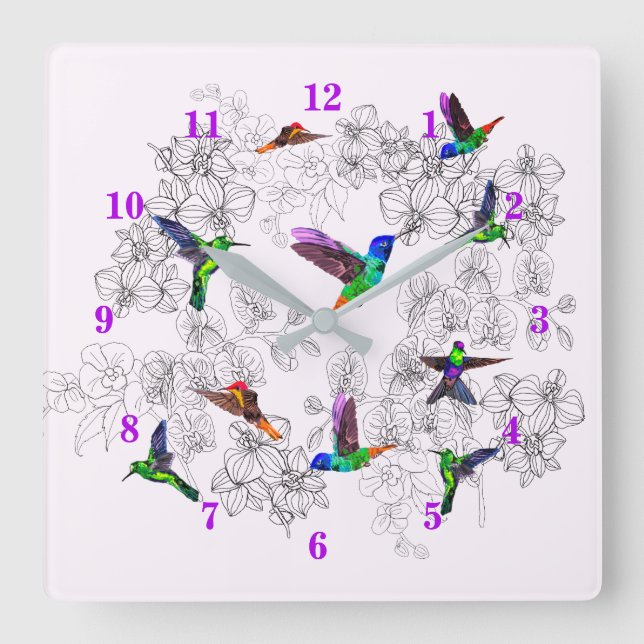 Relógio Quadrado Spring Birds Wall Clock - Hummingbirds (Frente)