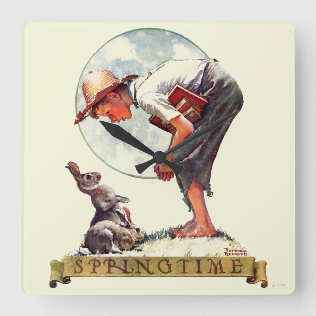 Relógio Quadrado Springtime, garoto de 1935 com coelho (Frente)