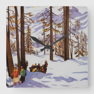 Relógio Quadrado St. Moritz Esquiadores Vintage Elegância Alpina Ar