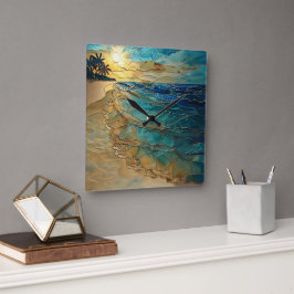 Relógio Quadrado Stained Glass Ocean Beach Wall Clock