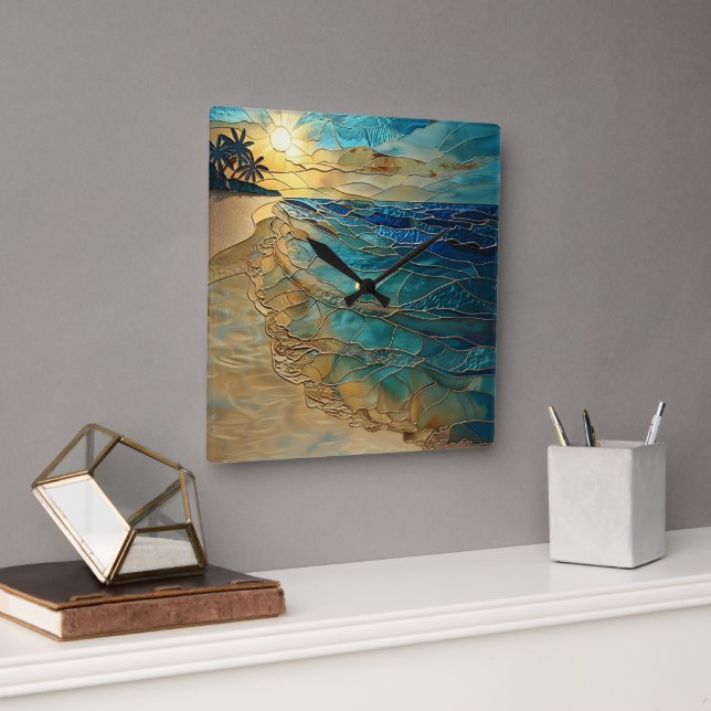Relógio Quadrado Stained Glass Ocean Beach Wall Clock (Escritório)