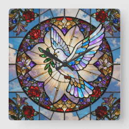 Relógio Quadrado Stained Glass Peace Dove Wall Clock