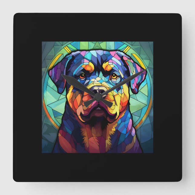 Relógio Quadrado Stained Glass Rottweiler  (Frente)