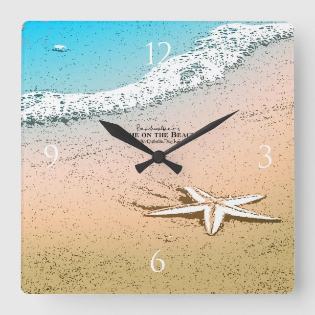 Relógio Quadrado Starfish na praia (Frente)