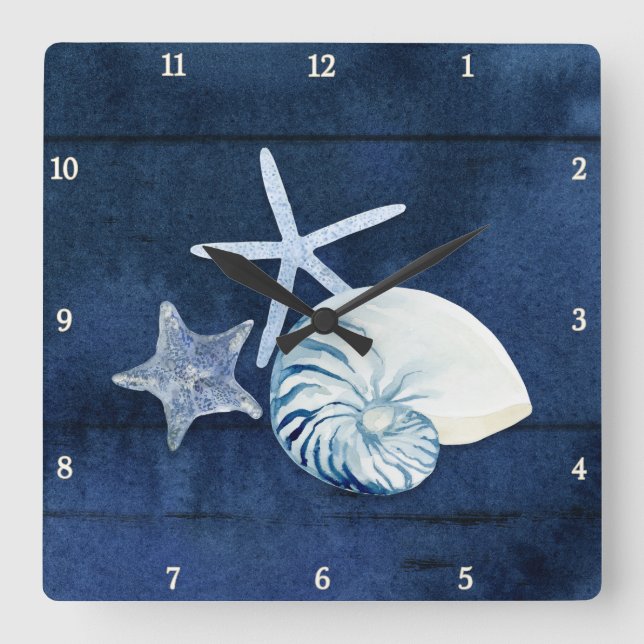 Relógio Quadrado Starfish Nautilus Sea Watercolor Shelds Beach Blue (Frente)