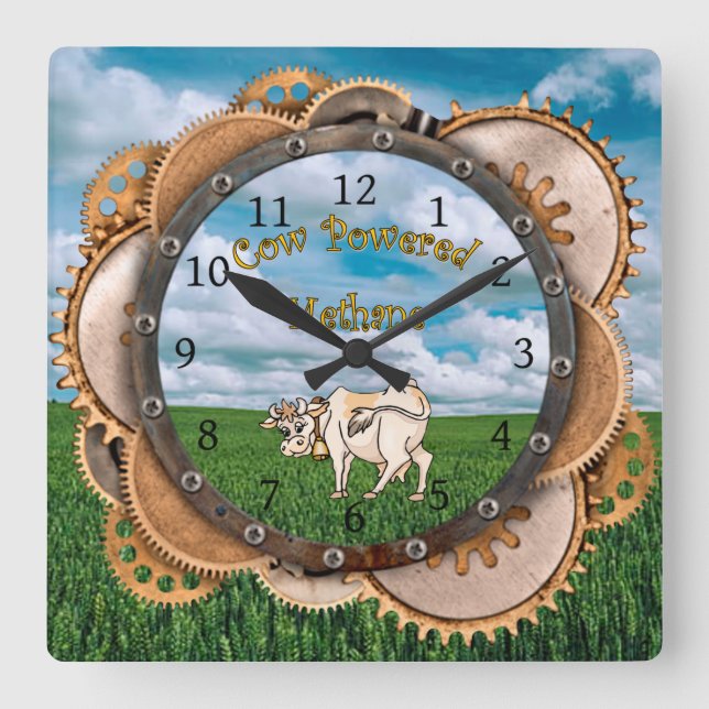 Relógio Quadrado Steampunk ~ Perdon My Methane ~ Cow Powered (Frente)