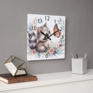 Relógio Quadrado Storybook Woodland Babcoon Raccoon E Borboleta
