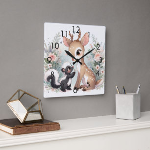 Relógio Quadrado Storybook Woodland Babies Skunk E Deer