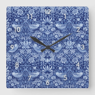Relógio Quadrado Strawberry Thef Blue Monotone, William Morris