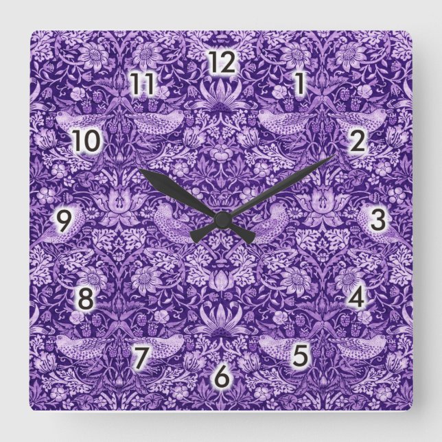 Relógio Quadrado Strawberry Thef Purple, William Morris (Frente)