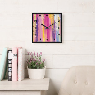 Relógio Quadrado Strips Coloridas do Arco-íris com Brilho Dourado F