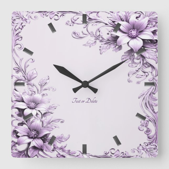 Relógio Quadrado Stylish Purple Flowers Wall Clock (Frente)