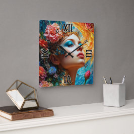 Relógio Quadrado Sua Floral Deleia Arte de Conceito AI por Xzendor7