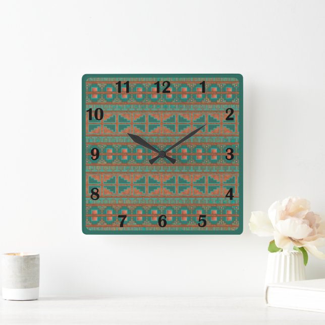 Relógio Quadrado Sudeste Copper Teal Geométrico Regular Números (Lar)