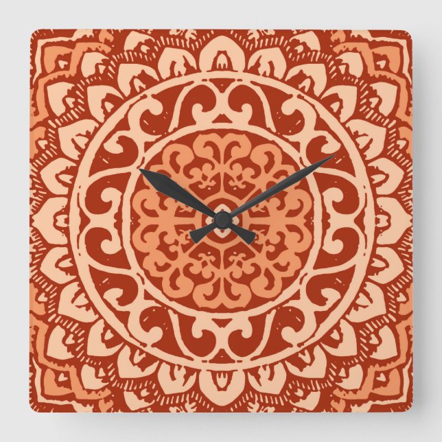 Relógio Quadrado Sudoeste Sun Mandala Batik, Coral Orange (Frente)