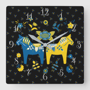 Relógio Quadrado Sueco Dala Horse l Blue e Yellow