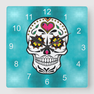 Relógio Quadrado Sugar Skulls and Swirls Rosa Turquoise ID725