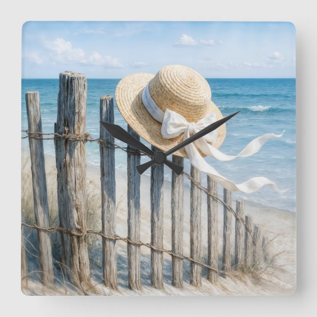 Relógio Quadrado Summer Straw Hat On Beach Fence (Frente)