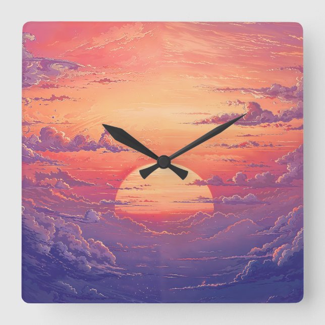 Relógio Quadrado Sun Horizon - Vibrant Painterly Illustration Style (Frente)