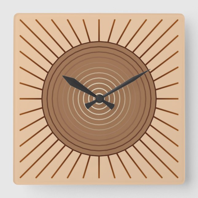 Relógio Quadrado Sunburst Geométrico Moderno - Brown e Tan (Frente)