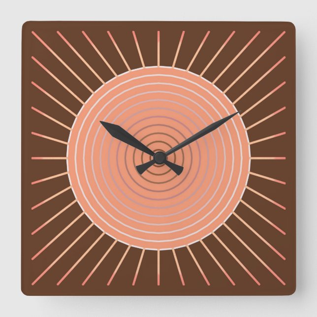 Relógio Quadrado Sunburst Geométrico Moderno - Peach e Brown (Frente)