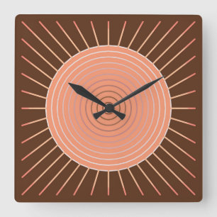 Relógio Quadrado Sunburst geométrico moderno - pêssego e Brown