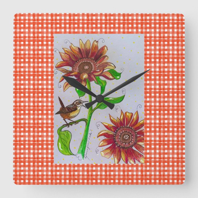 Relógio Quadrado Sunflower Wren Wall Clock (Frente)