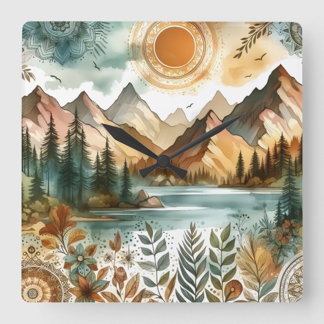Relógio Quadrado Sunny Rustic Boho Nature Pattern Mountain Lake (Frente)