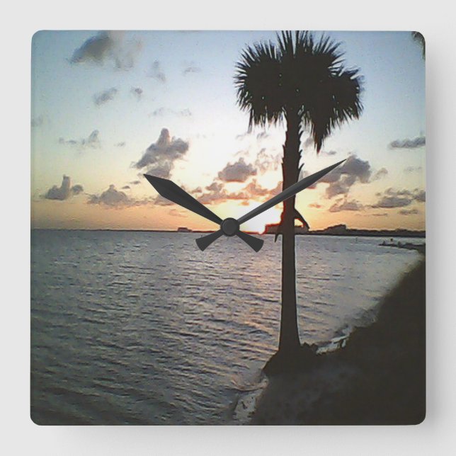 Relógio Quadrado Sunset Na Praia (Frente)