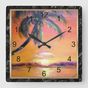 Relógio Quadrado Sunset tropical, pintura de arte