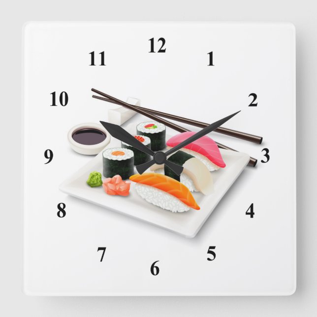 Relógio Quadrado Sushi - comida de desenho japonês (Frente)
