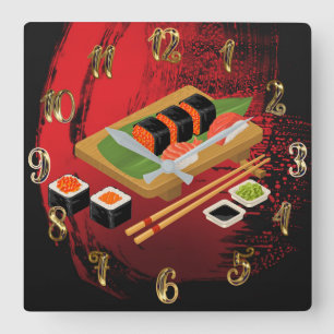 Relógio Quadrado Sushi Vermelho e Negro Elegante Moderno