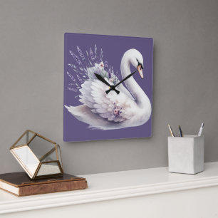 Relógio Quadrado Swan de Aquarela com Florais de Lavanda