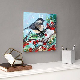 Relógio Quadrado Sweet Chickadee Bird Painting Wall Décor