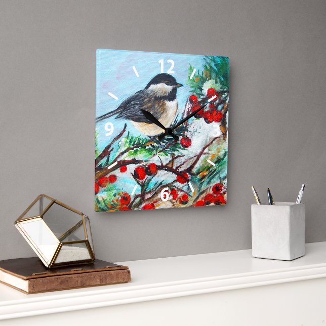 Relógio Quadrado Sweet Chickadee Bird Painting Wall Décor (Sweet Chickadee Bird Painting Wall Décor Square Wall Clock from Jenn's Emporium. )