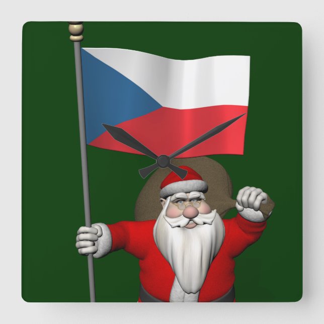 Relógio Quadrado Sweet Santa Claus Com Bandeira Da República Checa (Frente)
