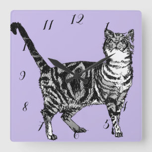 Relógio Quadrado Tabby Cat Gatos Crianças Animais Crianças Púrpura