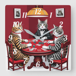 Relógio Quadrado Tabby Cats Reproduzindo Poker
