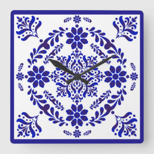 Relógio Quadrado Talavera 3 ao quadrado azul e branco