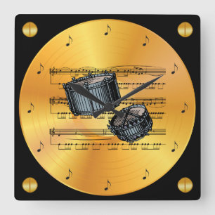 Relógio Quadrado Tambores Snare ~ Folha Música ~ Registro Dourado