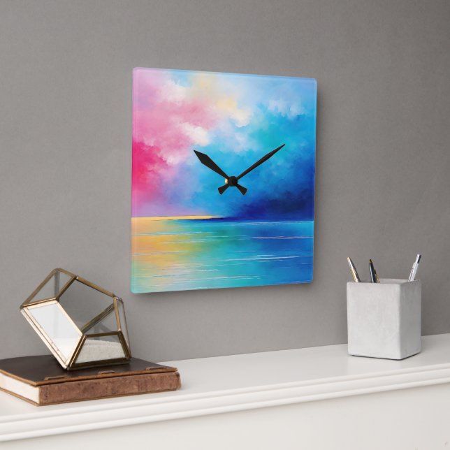 Relógio Quadrado "Tarfarran" Paisagem Rosa e Azul (Escritório)