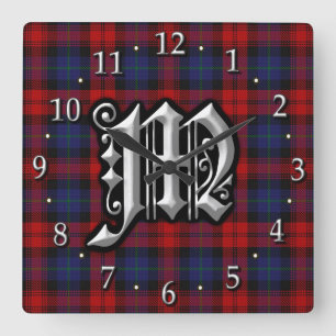Relógio Quadrado Tartan azul vermelho do monograma da letra M de