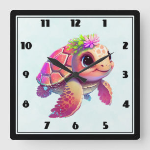 Relógio Quadrado Tartaruga Marinha Rosa Caprichosa & Fofa
