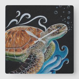 Relógio Quadrado Tartarugas Marinhas Ondas Arte