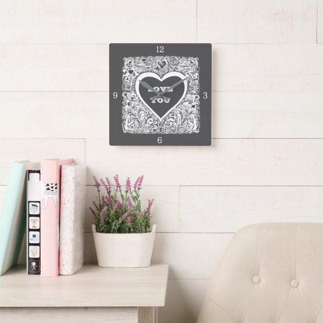 Relógio Quadrado Te Amo, Cinza E Branco (Sala de leitura)