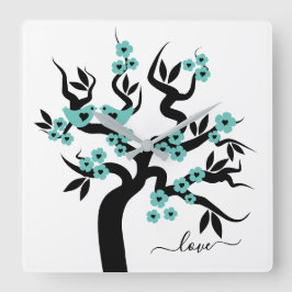 Relógio Quadrado Teal, Black Love bird cherry tree e blossomes